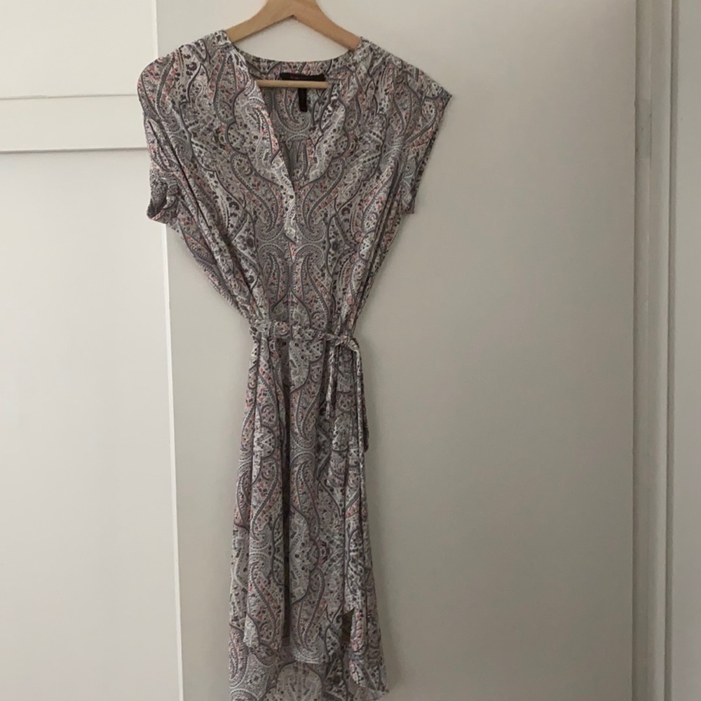 BCBG paisley print gray and pink wrap dress, XXS